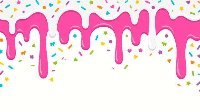 Pink icing dripping over white background with festive sugar sprinkles dripping glaze cake frostin