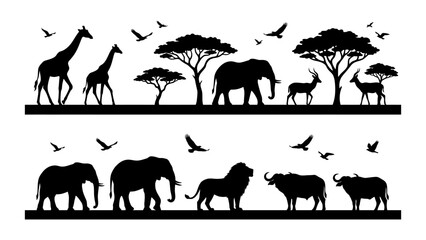 African safari animal silhouettes in two rows with trees and flying birds safari animals elephant © Rabbi