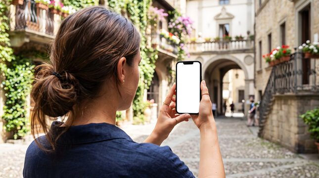 Hand holding mobile device with blank white screen mockup, woman in blue shirt in historic Italian stone alley using AR landmark recognition heritage travel guide app display
