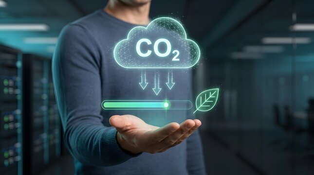 CO2 reduction concept with progress bar and leaf icon