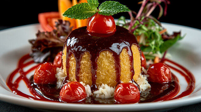 Gourmet fried polenta cake with cherry tomato glaze and fresh basil garnish