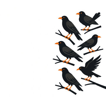 Flock of Blackbirds Perched on Branches Against White Background - Vector Illustration