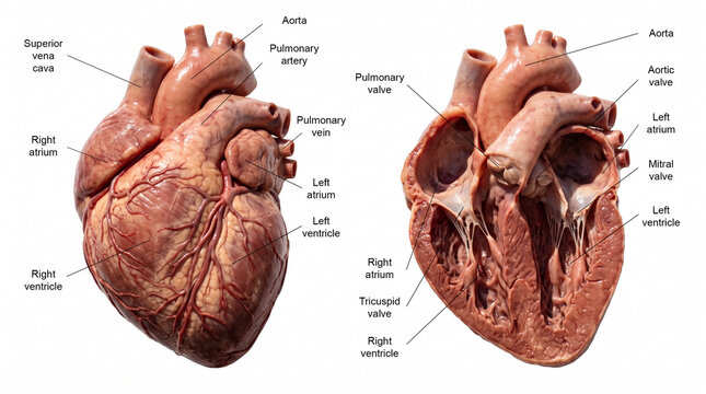 labeled human heart diagram illustration anatomy parts internal external view two