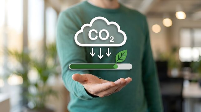 CO2 reduction progress bar with leaf icon held by hand