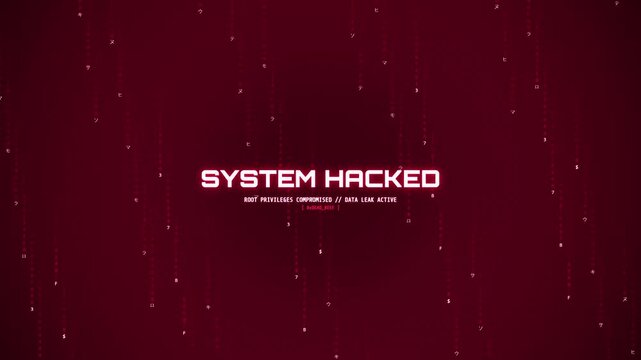 Futuristic dark cyber security background featuring digital red code rain and matrix streams with an alarming "SYSTEM HACKED" warning message, showing root privileges compromised and active data leak
