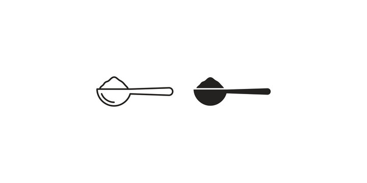 Measuring spoon with powder ingredient icon black and white kitchen tools.
