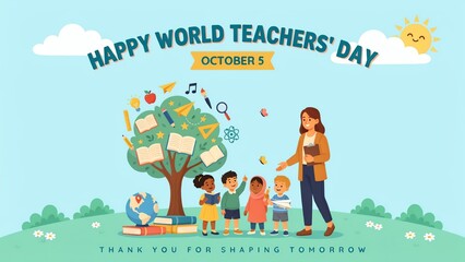 Fototapeta premium Teacher and kids celebrating world teachers day