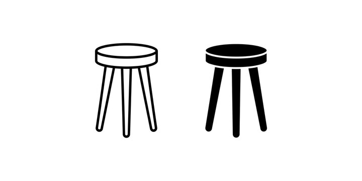 Three legged wooden stool outline and solid black minimalist icons set.