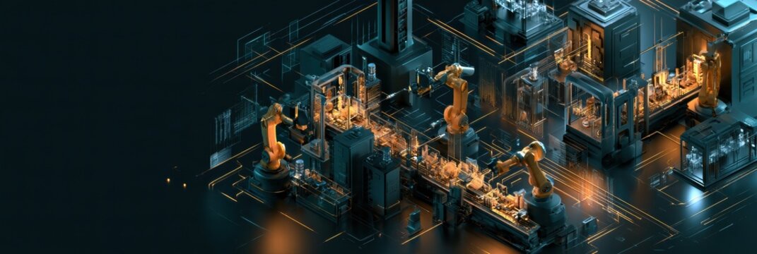 Robotic systems work in coordination on a factory floor. Data flow lines connect machines in an industrial setting. The background is dark.