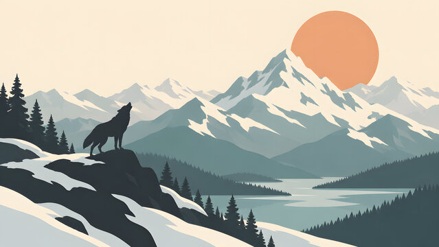 Minimalist vector illustration of a wolf howling on a snowy mountain cliff with a scenic landscape of mountains, pine forest, and a large sun