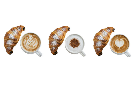 Three pairs of flaky chocolate croissants and different coffee cups with latte and cocoa powder topping isolated on a transparent background