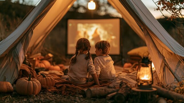 a boy and a girl, seated inside a tent. They are facing a large screen displaying a warm, glowing fire. The tent is surrounded by pumpkins, a blanket, and a lantern.