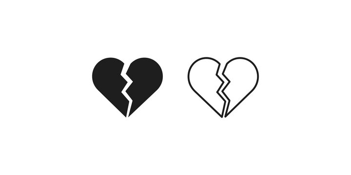 Broken heart silhouette and outline icons for sadness emotional loss.