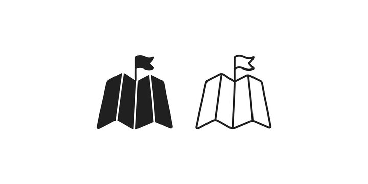 Destination pin flag on folded map travel or exploration black icon.