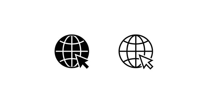 Globe with cursor arrow internet browser web black icon.