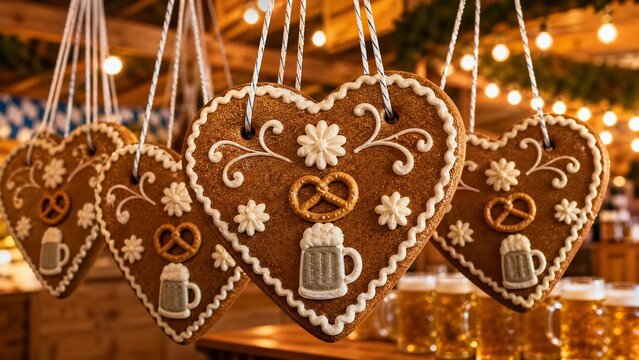 Oktoberfest gingerbread hearts with pretzel and beer mug decoration.