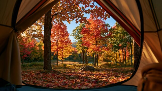 a serene autumn forest scene captured from inside a tent. The tents interior is visible through a circular window, revealing a carpet of fallen leaves on the ground. The leaves are a mix of red.