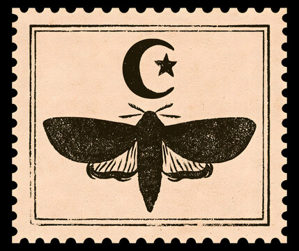A vintage Halloween postage stamp featuring a moth silhouette