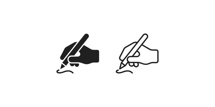 Writing hand pen signature icon set black outline flat office elements.