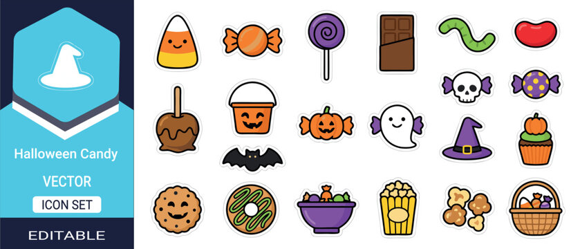 Halloween candy icon set featuring sweet treats and seasonal decorations