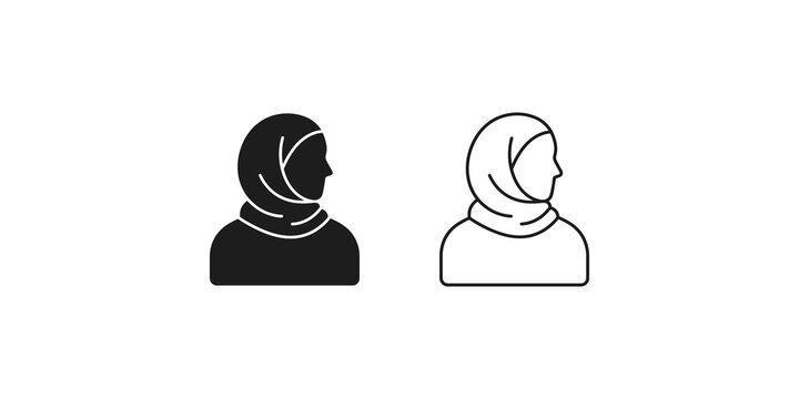 Muslim woman in hijab profile black silhouette and line art flat icon.