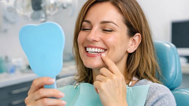 Woman smiles while holding a blue tooth mirror