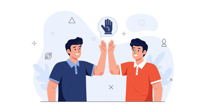 Two cheerful men giving a high five, celebrating success, teamwork, and friendship in a modern flat design.