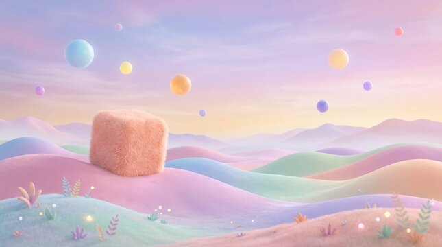 Surreal landscape featuring rolling pastel hills and floating glowing spheres under a dreamy colorful sky.