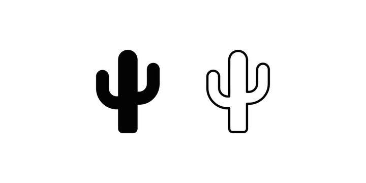 Saguaro cactus icon set with solid and thin outline vector styles.