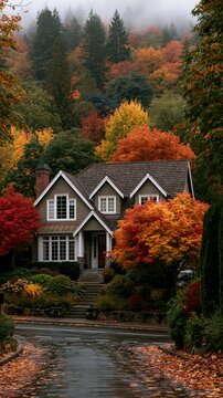 a house nestled amidst a dense forest during autumn. The house is a twostory structure with a dark gray roof, white trim, and large windows. It is surrounded by vibrant fall foliage in red, orange.