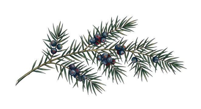 Watercolor Illustration Of A Pine Branch With Dark Blue Berries On A Clean White Background