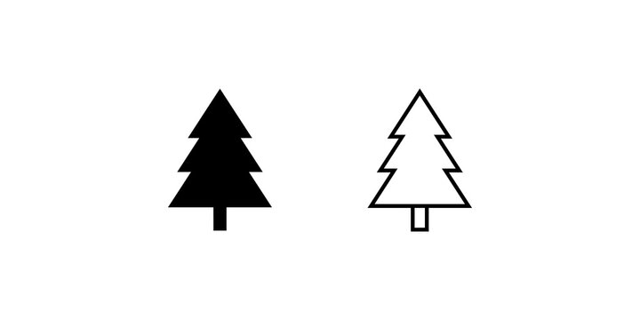 Black pine fir tree icon set isolated on checkered background.