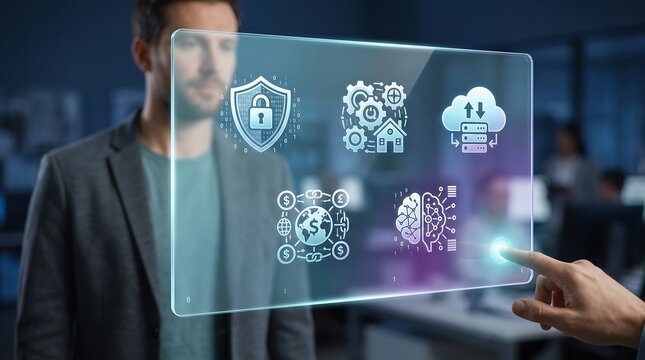 Professional operating digital security and cloud synchronization interface with brain icons and global financial network symbols on a holographic glass panel for business