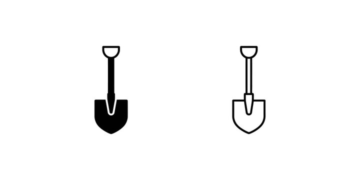 Garden shovel digging tool vector outline graphics on grid background.