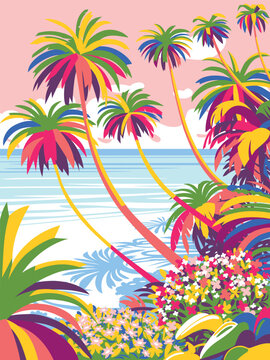 Tropical season summer vacation handmade drawing vector illustration with flowers, palms, beach and ocean in the background. Modern funky bright expressive vector illustration.