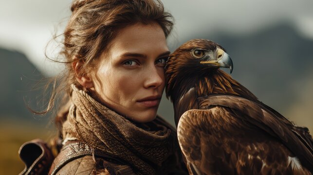 Hunter woman with eagle perched, direct gaze at camera, cinematic composition, blurred mountains background
