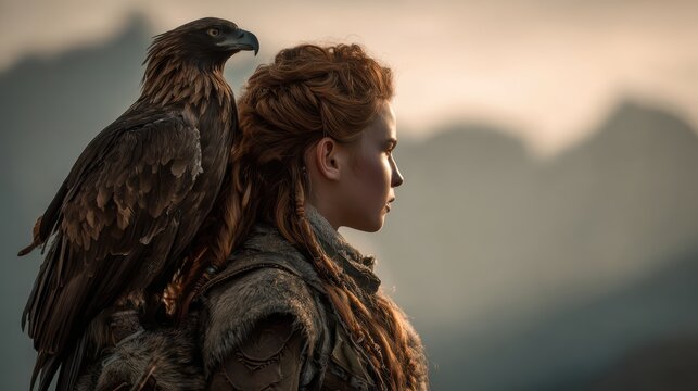 Majestic hunter woman with eagle, shoulder perch, looking at camera, blurred mountain scenery, cinematic depth