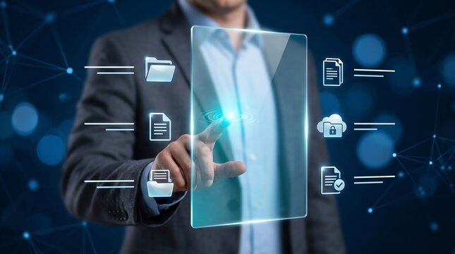 Executive managing digital document files and cloud security protocols on a transparent holographic glass display with glowing icons for secure corporate data handling systems