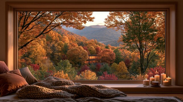 a serene autumnal landscape. A large, ornate window frames a breathtaking view of a forested hillside bathed in warm, golden sunlight. The trees are adorned with vibrant autumnal colors.