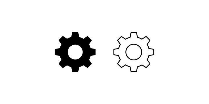 Mechanical gear cog icon set black and white flat industrial web asset.