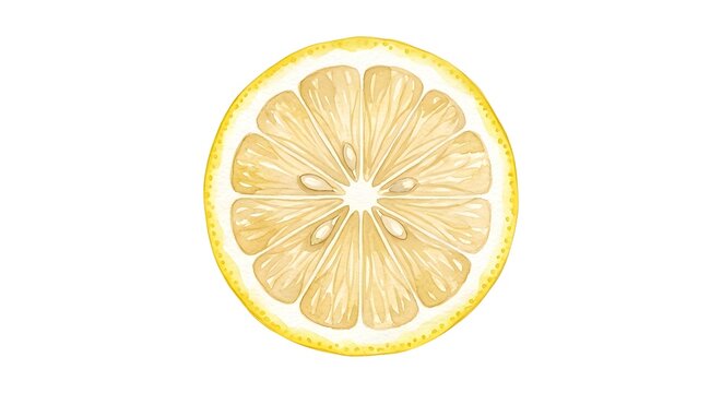 Watercolor Illustration Of A Single Lemon Slice With Vibrant Yellow Texture On A White Background