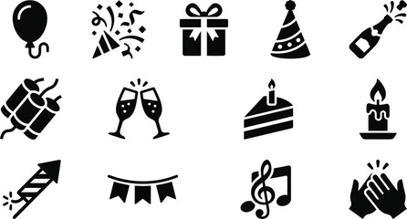 Fototapeta premium Celebration icons set featuring balloons gifts cake champagne and party decorations