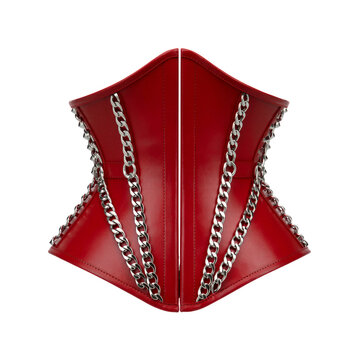 Red leather waist cincher harness with silver chain draping cut out on a transparent background