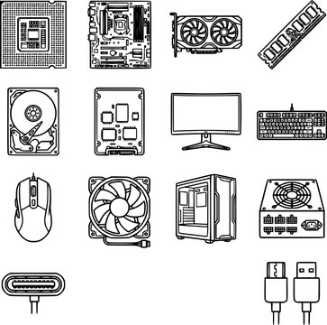 Computer Hardware and PC Components Icon Set - CPU, GPU, Motherboard, and Accessories Line Icons Vector
