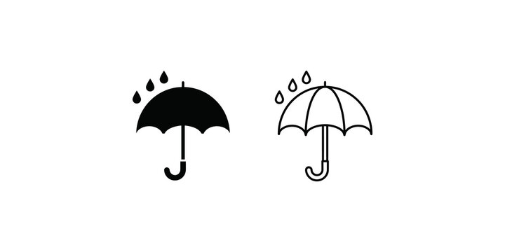 Opened umbrella with rain drops black and outline icons set.