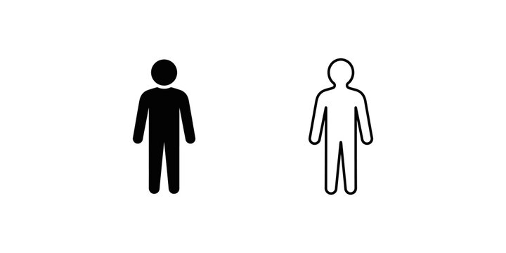 Standing man character black filled and outline vector icon concept.