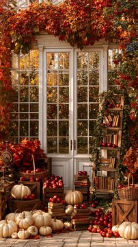 a cozy autumnal scene set in a conservatory. The conservatory features a large glass door surrounded by lush greenery and vibrant red, orange, and yellow leaves.