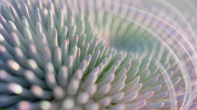 Close up of silver sword plant leaves with soft light
