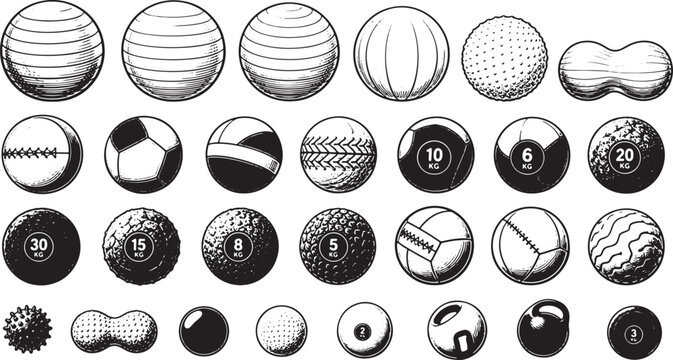 Fitness exercise balls set collection in black and white style