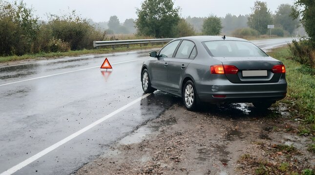 Car With Warning Triangle on Wet Road After Minor Slide in Rainy Conditions